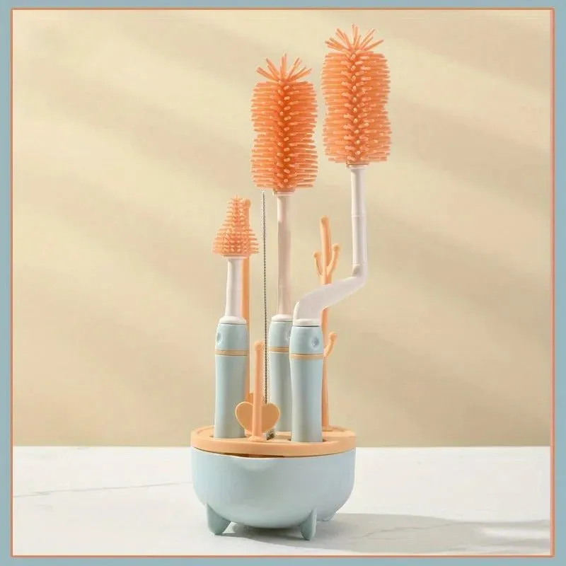 6-in-1 Baby Bottle Cleaner Set with Drying Rack - 2 Silicone Baby Bottle Brushes, Straw Brush, Nipple Brush & Storage Box