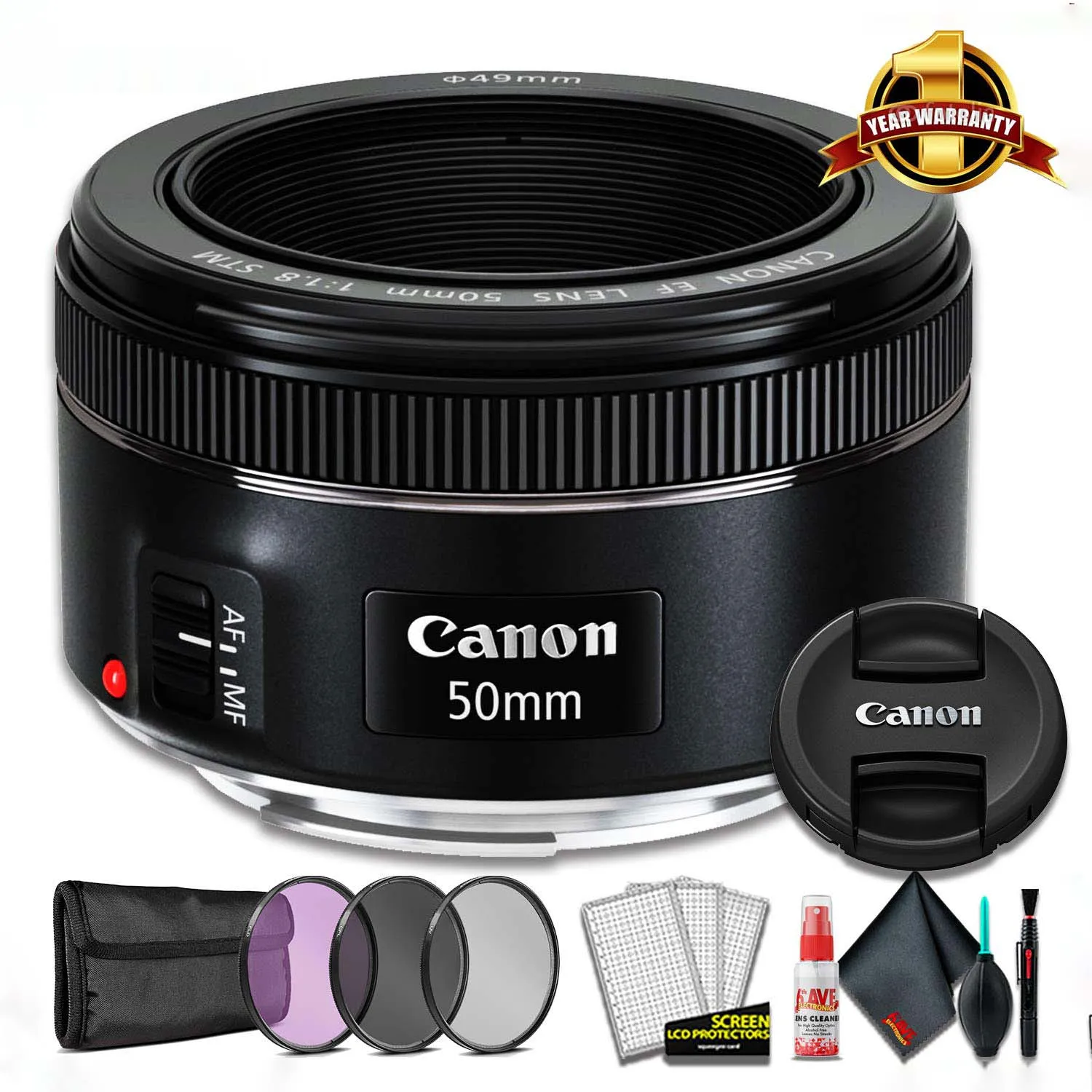 Canon EF 50 F 1.8 STM Lens Camera Lens (International Model)   3 Pcs Filter Kit   Cleaning Kit