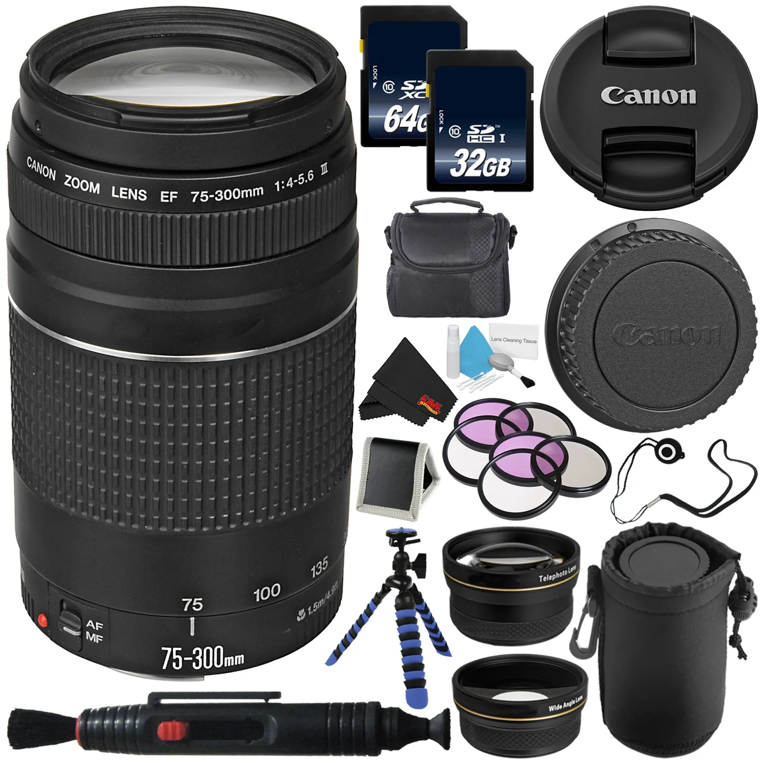 Canon EF 75-300mm f/4-5.6 III Telephoto Zoom Lens 6473A003   Lens Pen Cleaner   Deluxe Lens Pouch   58mm 3 Piece Filter Kit   Deluxe Cleaning Kit  