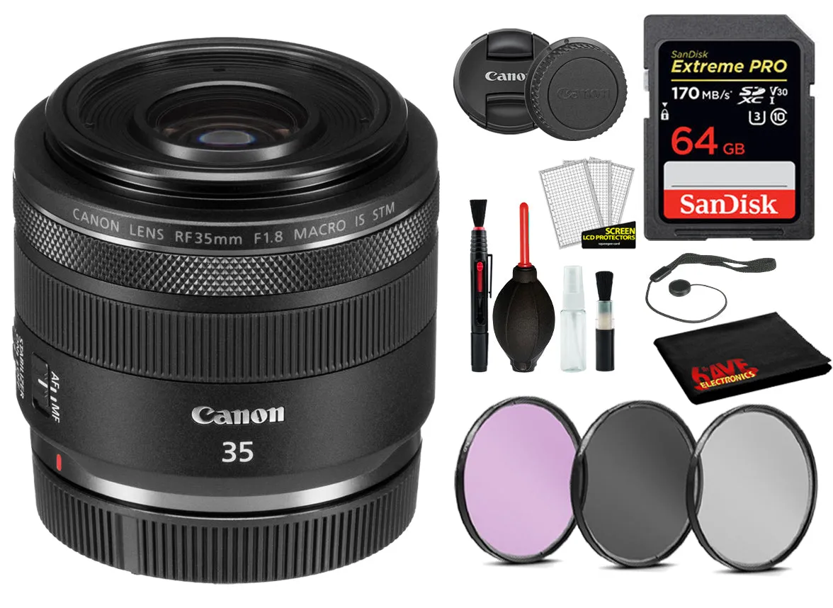 Canon RF 35mm f/1.8 IS Macro STM Lens (2973C002) with  Bundle  Includes: 9PC Filter Kit, Sandisk Extreme Pro 64gb   More