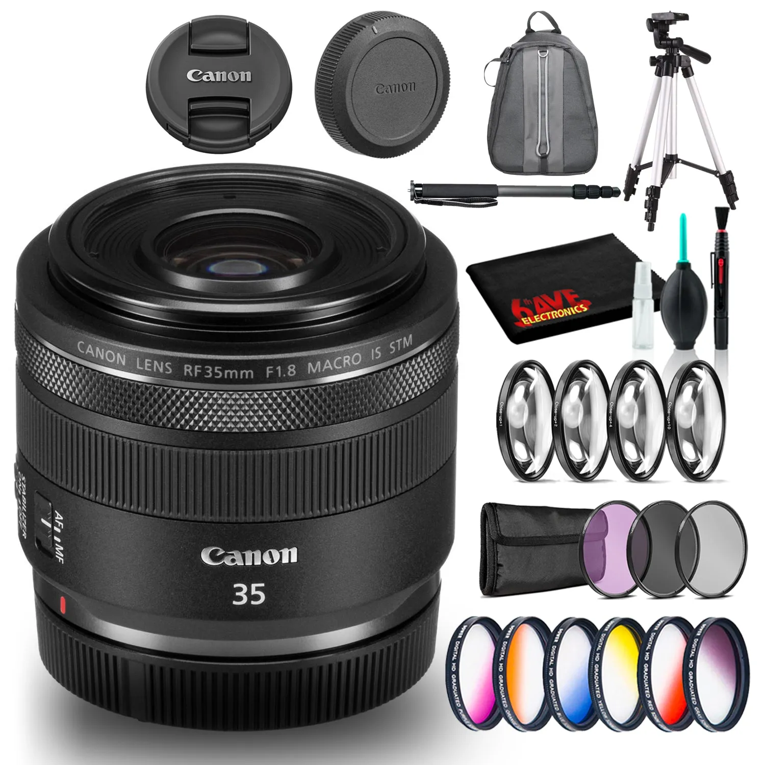 Canon RF 35mm f/1.8 IS Macro STM Lens (Intl Model) With Filters and Backpack