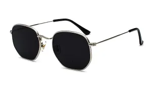 Classy Men Black Silver Hexagonal Sunglasses