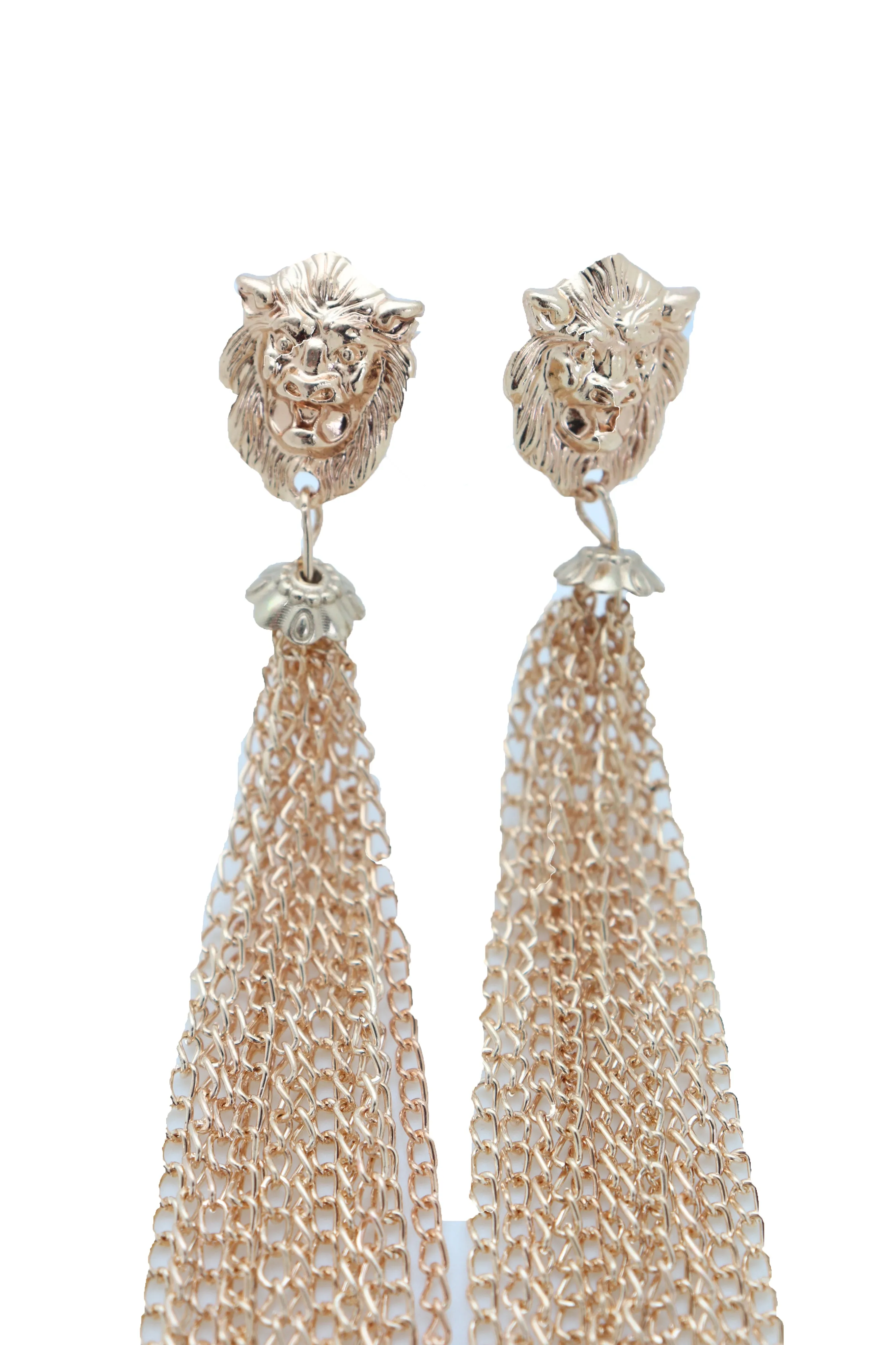 Earrings Set Gold Metal Chain Long Tassel Lion Charm Sexy Fringes