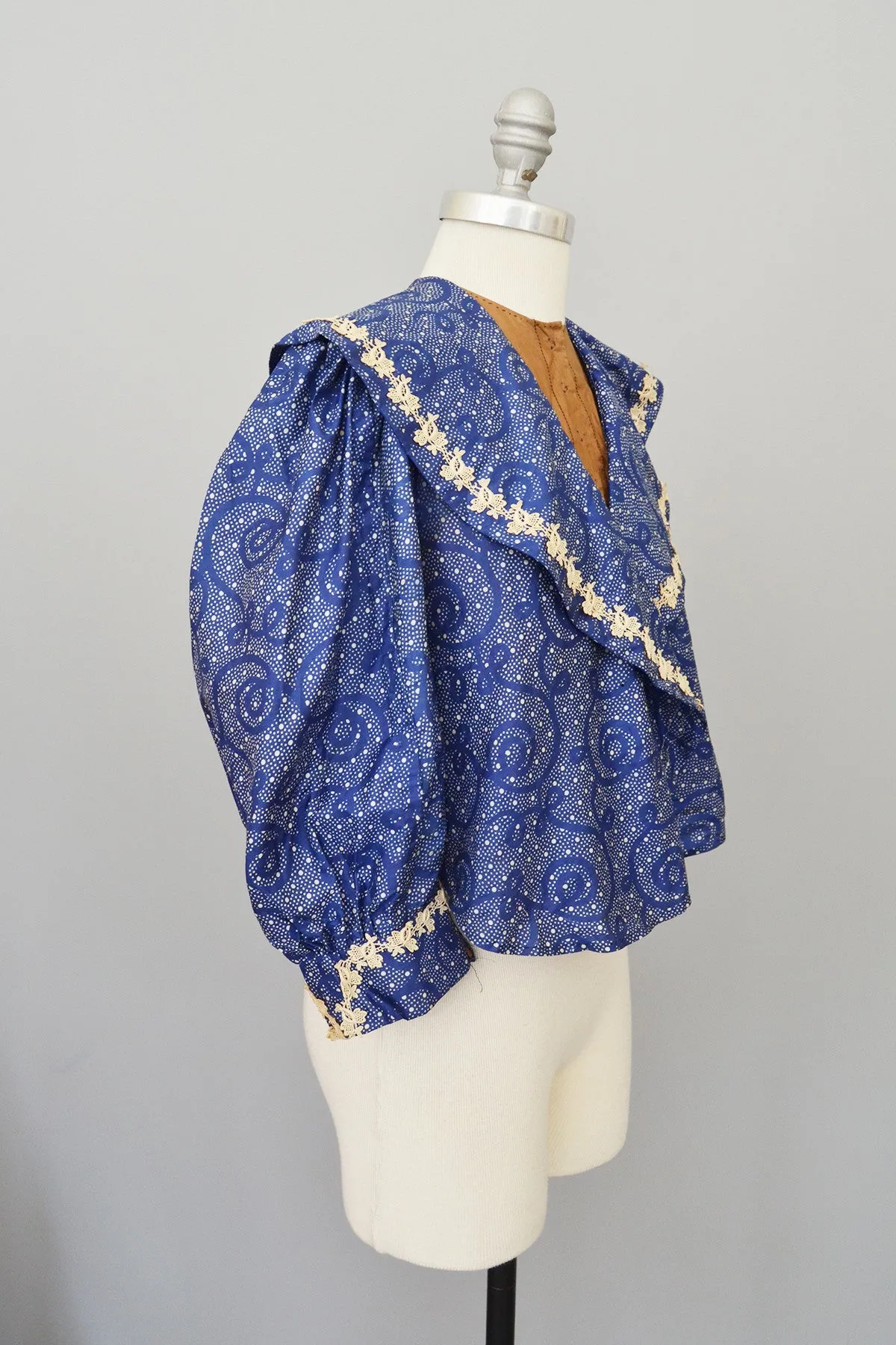 RESERVED on layaway Victorian Era Indigo Blue Swirly Print Bodice