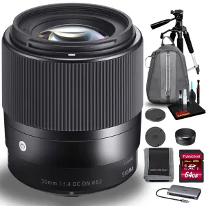 Sigma 30mm f/1.4 DC DN Lens for Micro Four Thirds with Bag, 64GB Kit Bundle